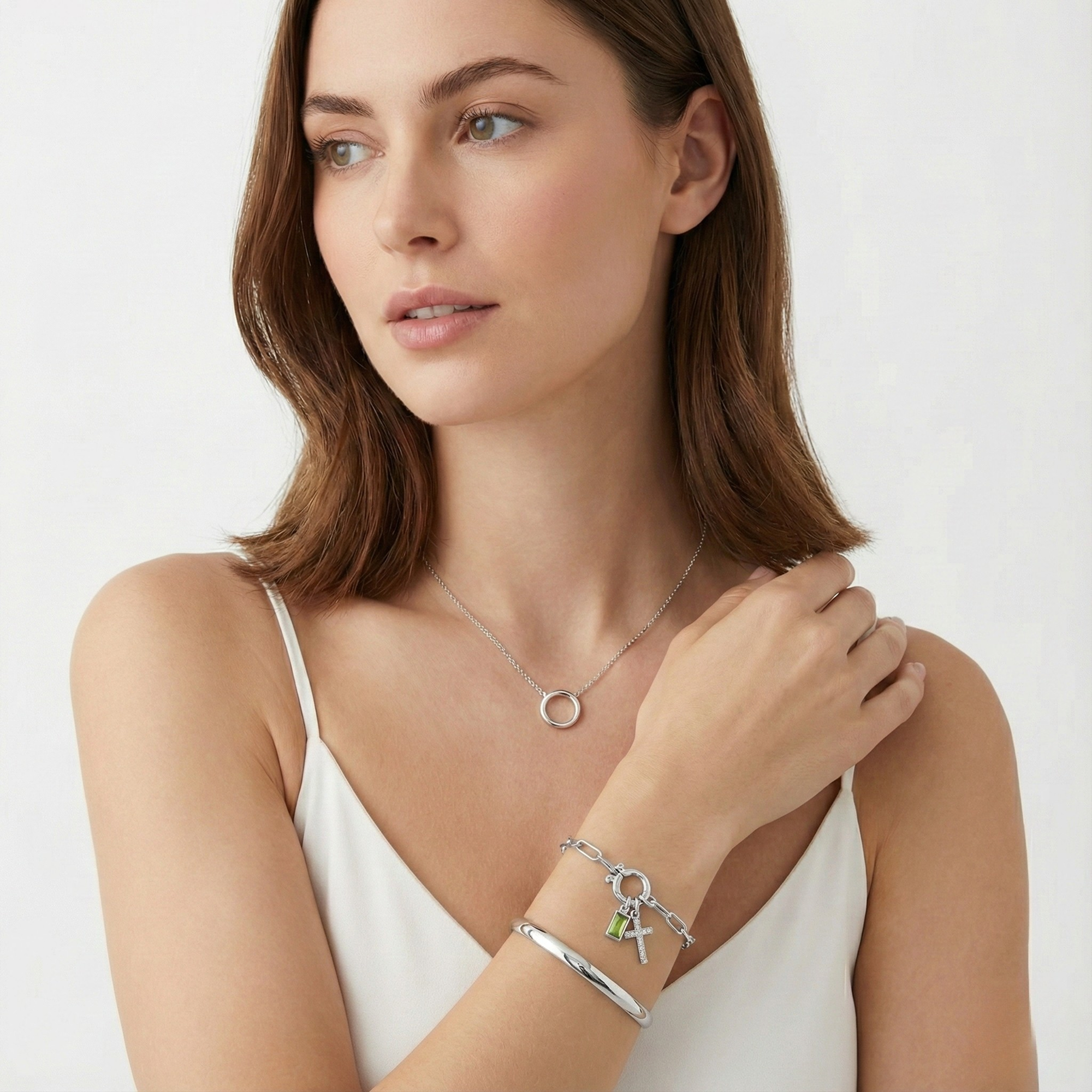 Paperclip Birthstone Cross Charm Bracelet