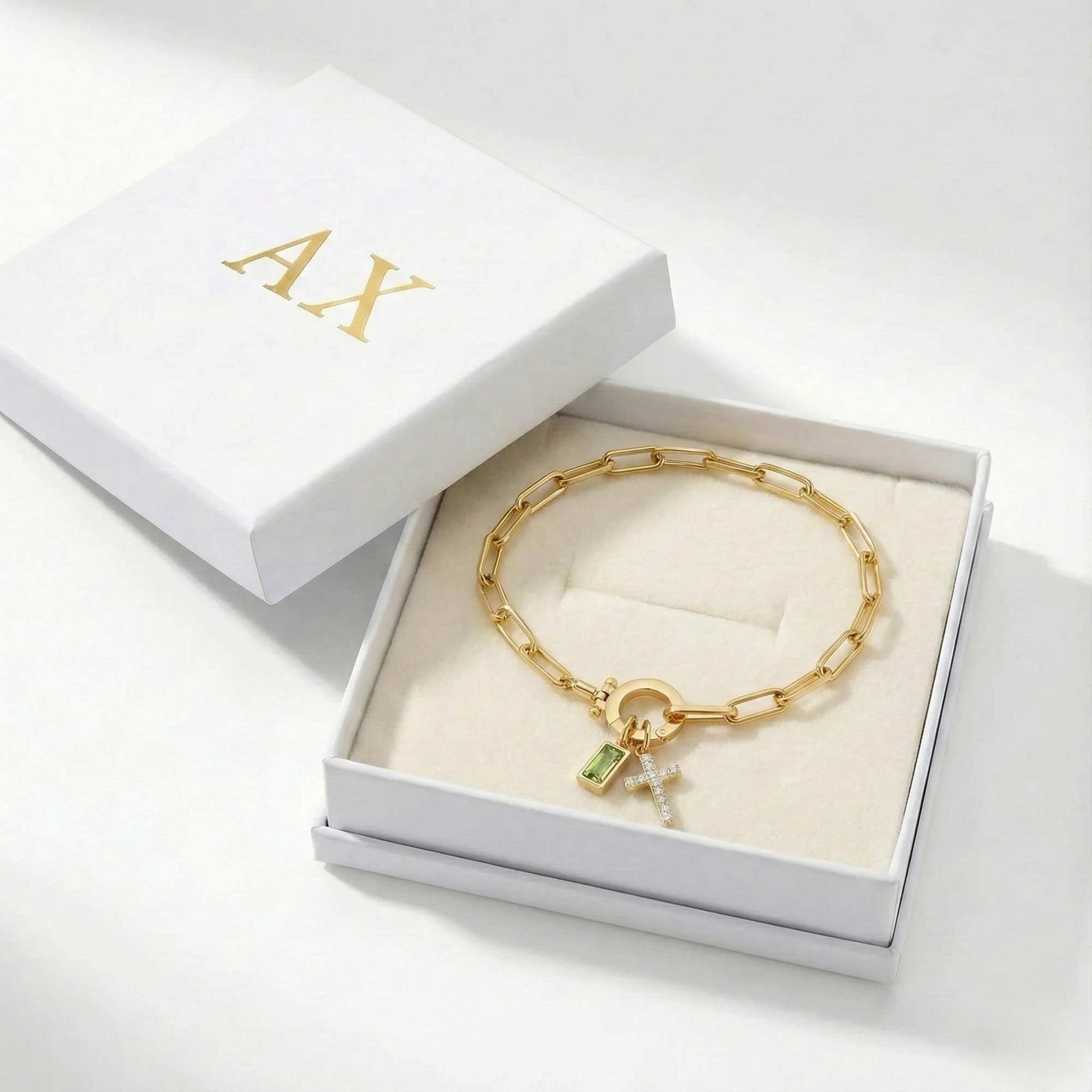 Paperclip Birthstone Cross Charm Bracelet