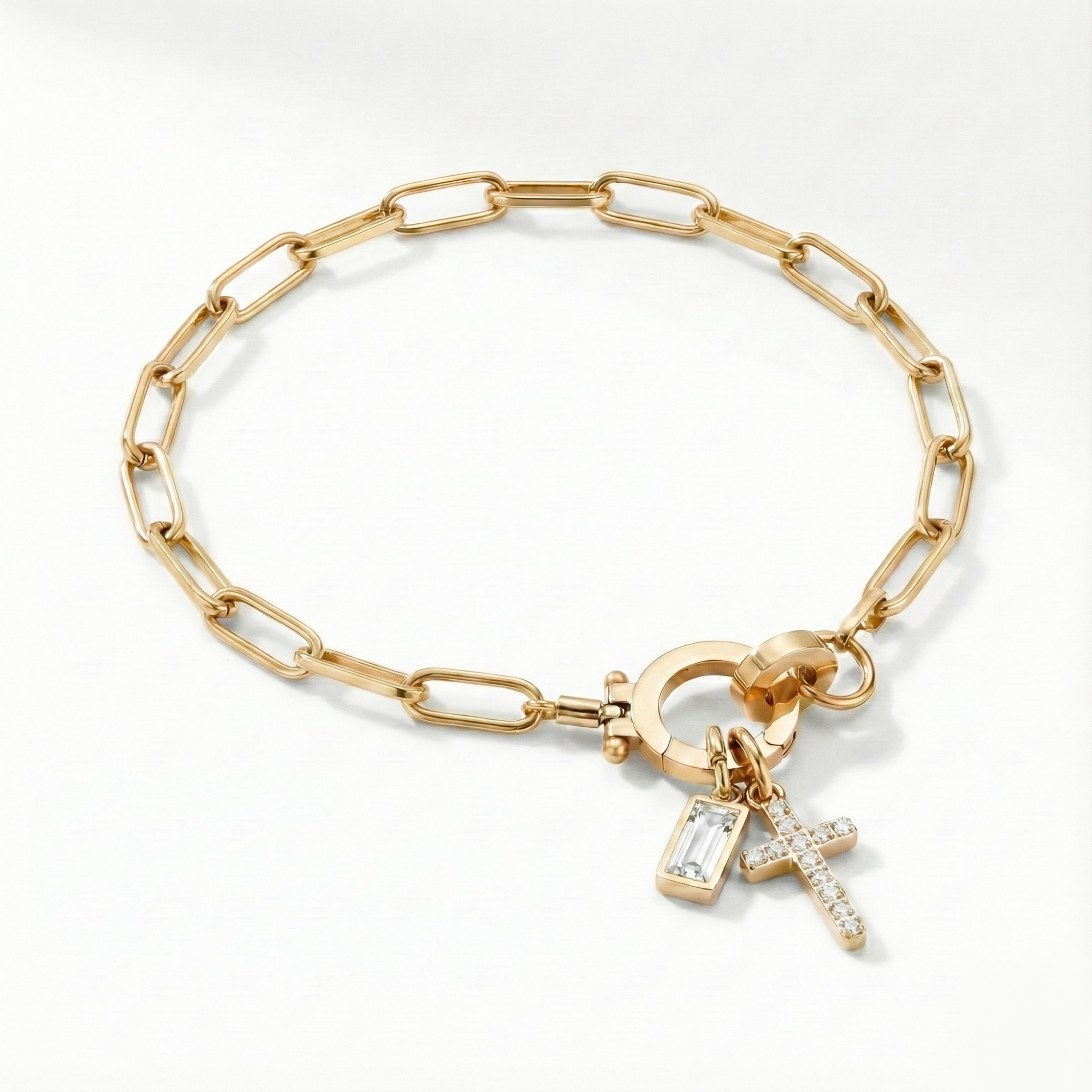 Paperclip Birthstone Cross Charm Bracelet