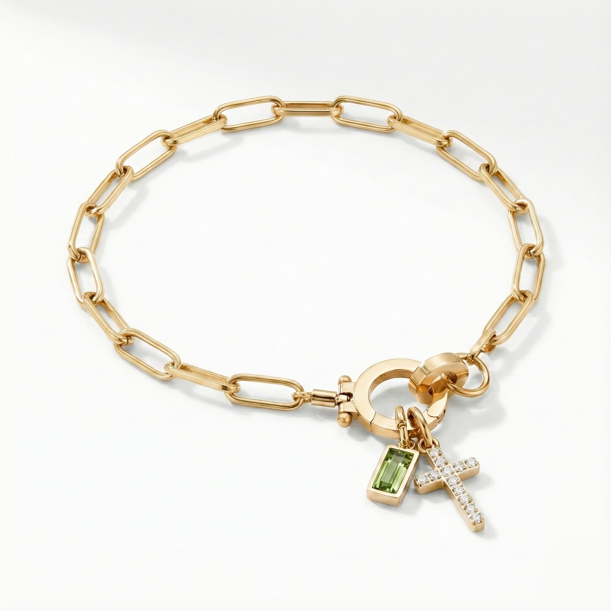 Paperclip Birthstone Cross Charm Bracelet