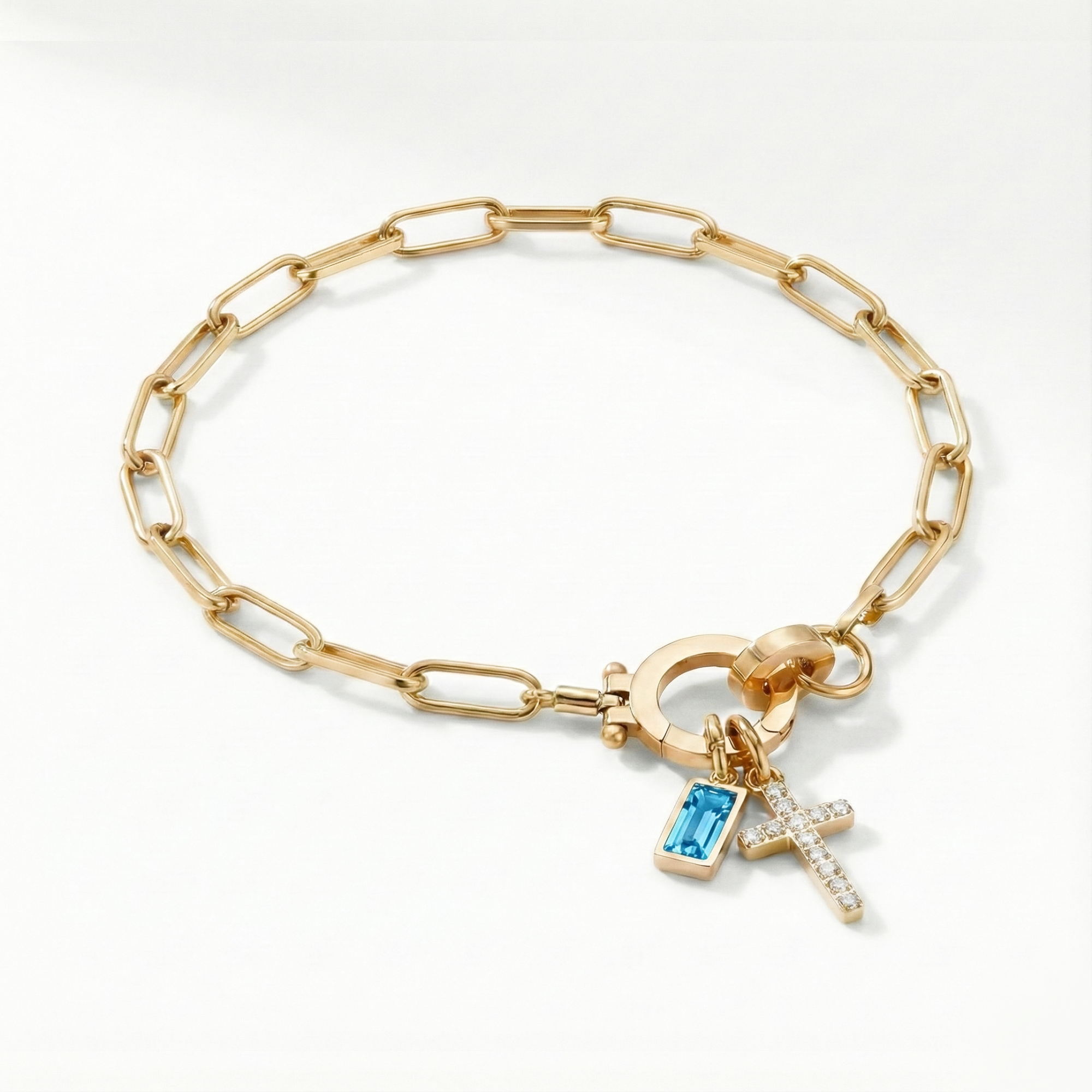 Paperclip Birthstone Cross Charm Bracelet