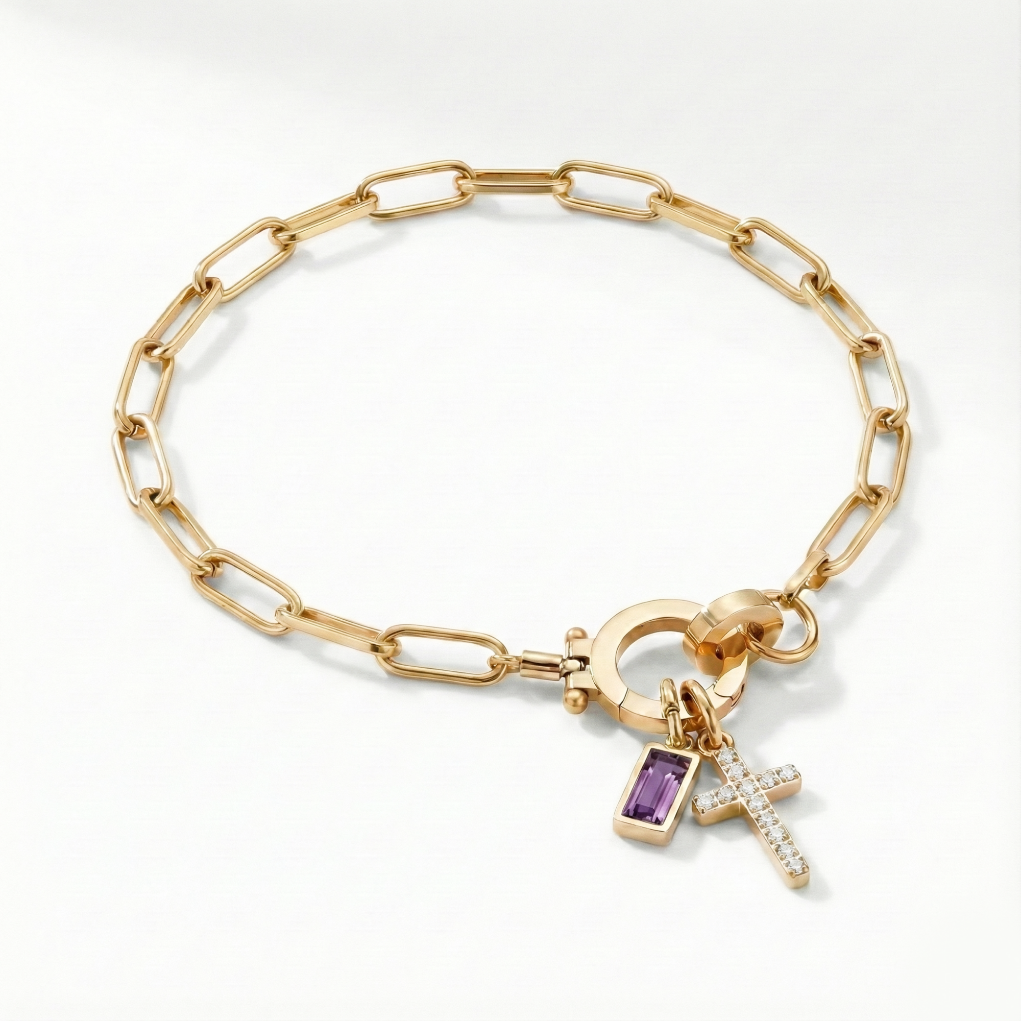 Paperclip Birthstone Cross Charm Bracelet