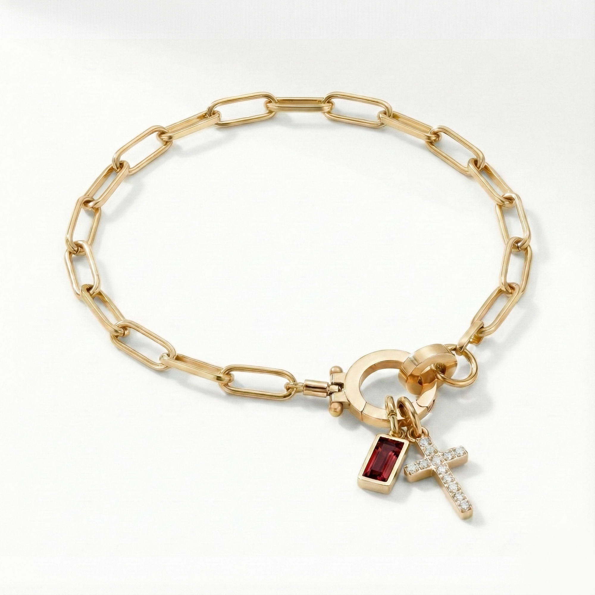 Paperclip Birthstone Cross Charm Bracelet