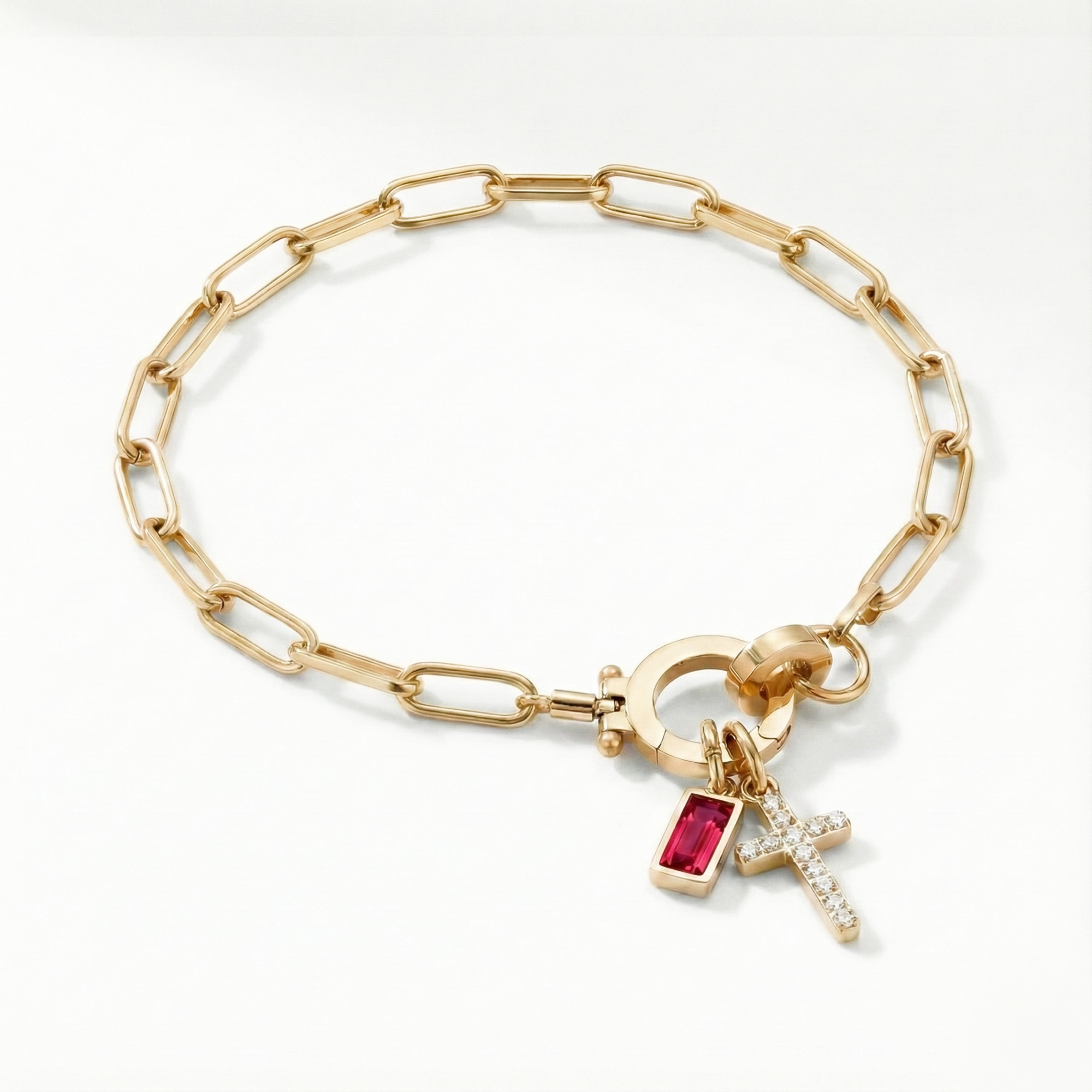 Paperclip Birthstone Cross Charm Bracelet