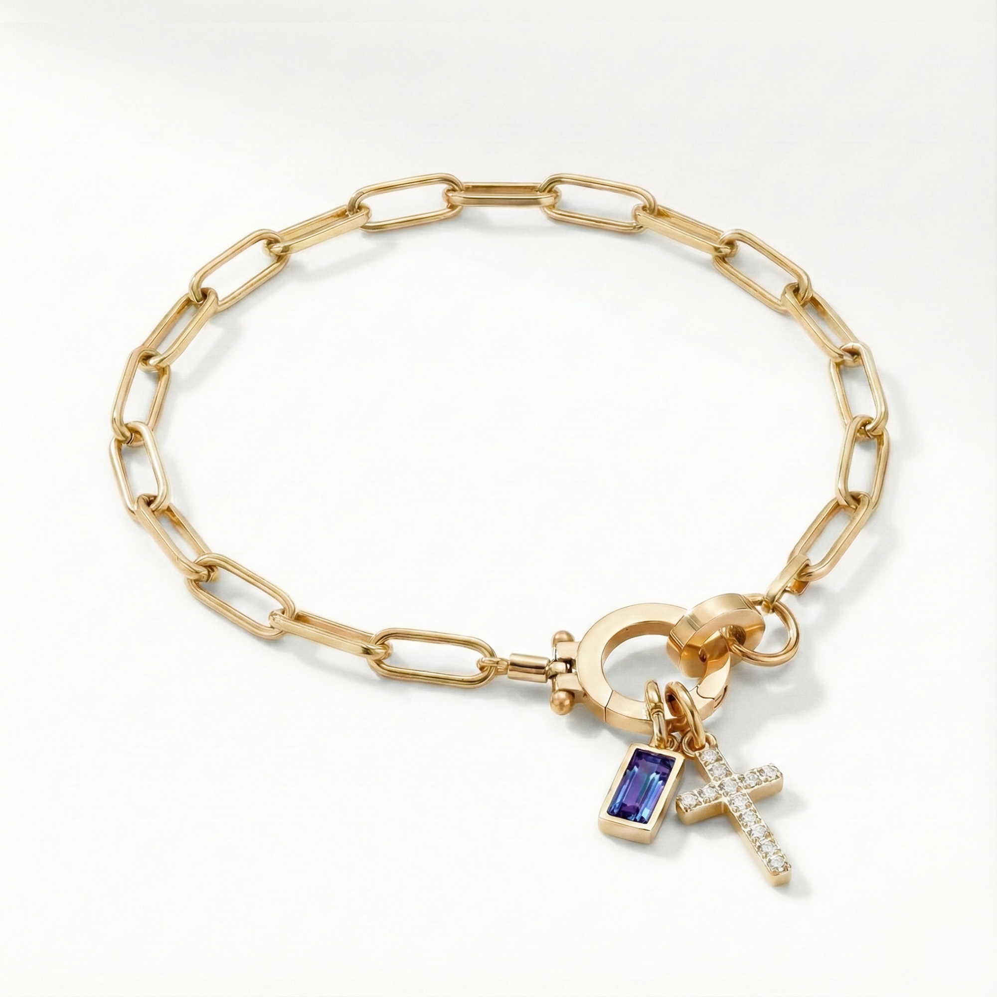 Paperclip Birthstone Cross Charm Bracelet