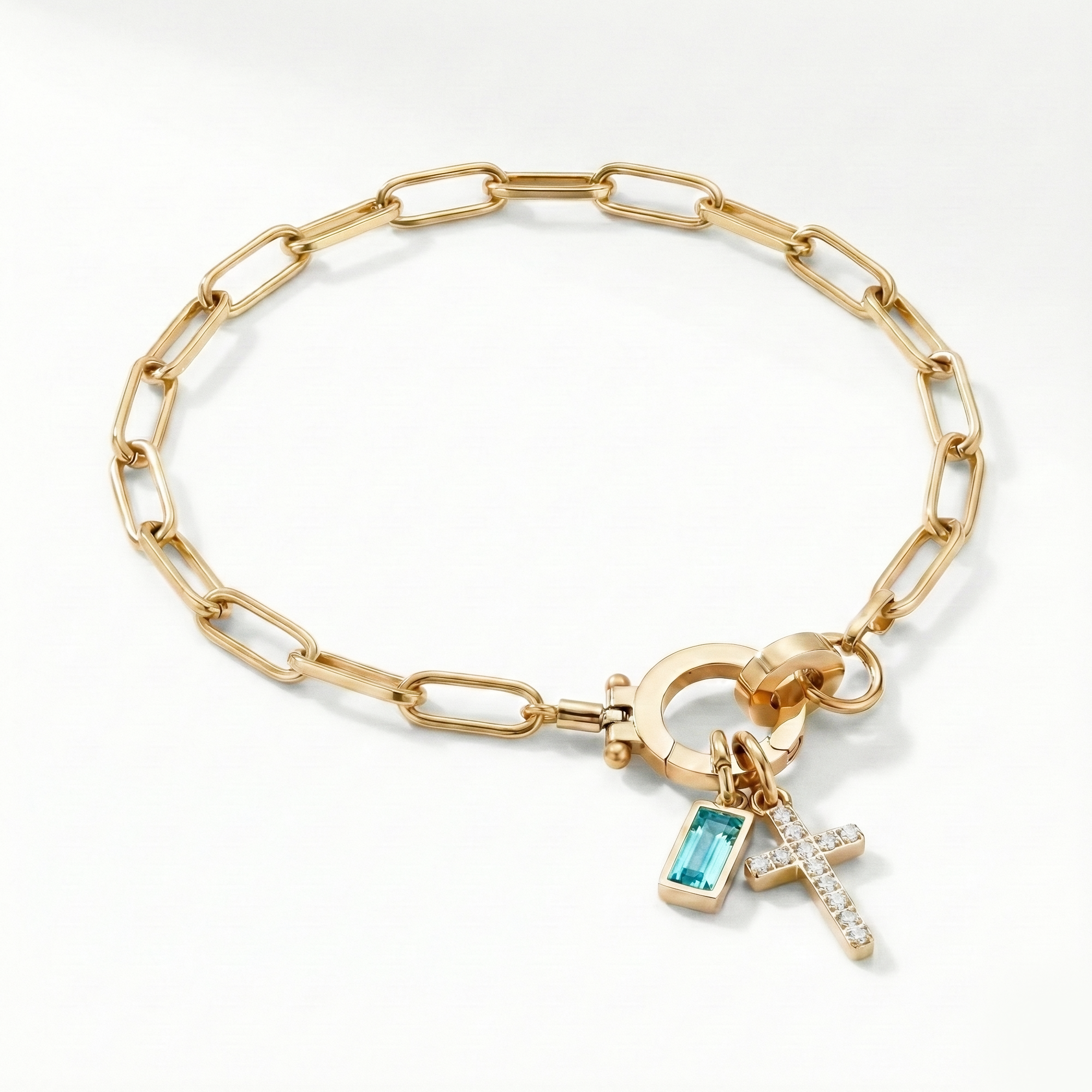 Paperclip Birthstone Cross Charm Bracelet
