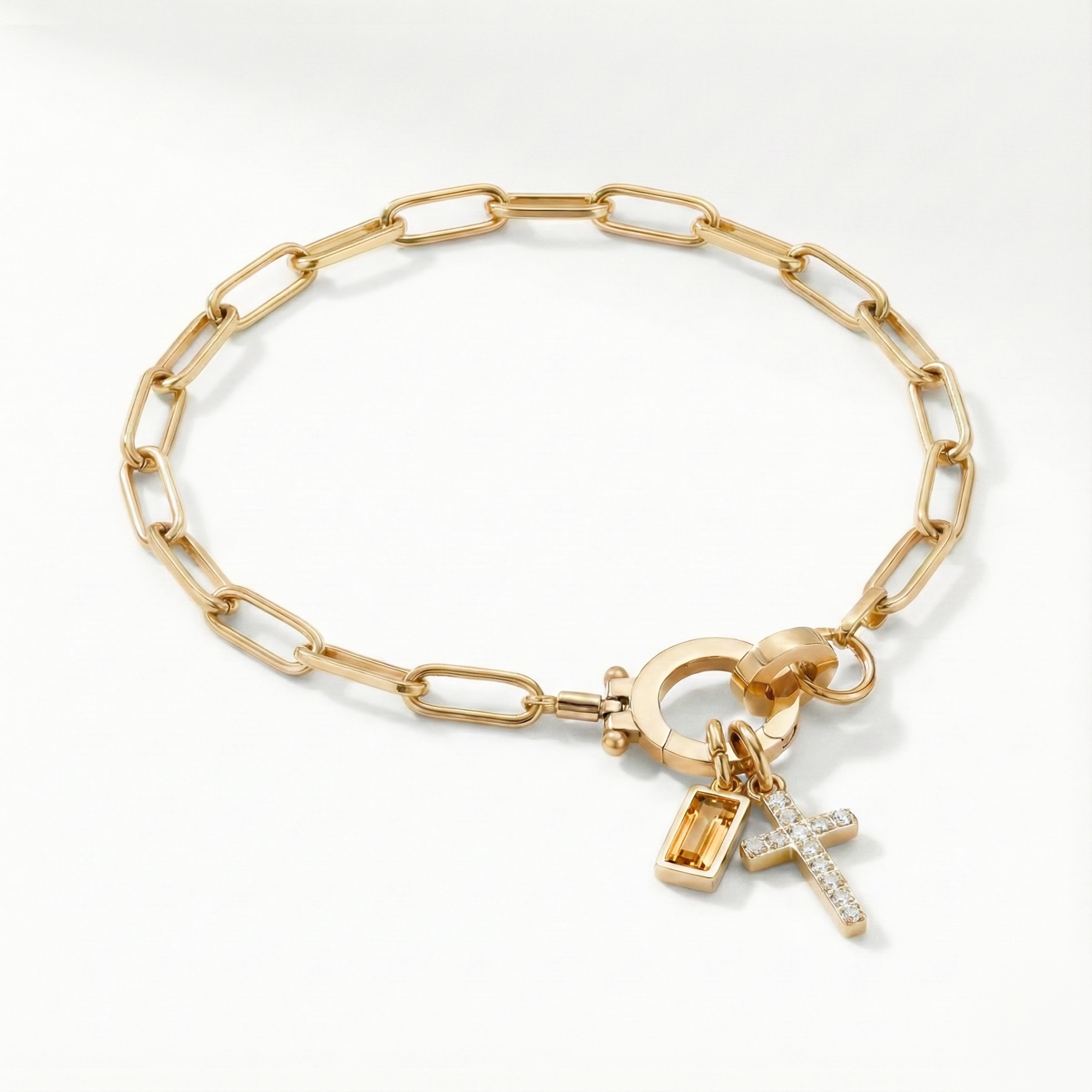 Paperclip Birthstone Cross Charm Bracelet
