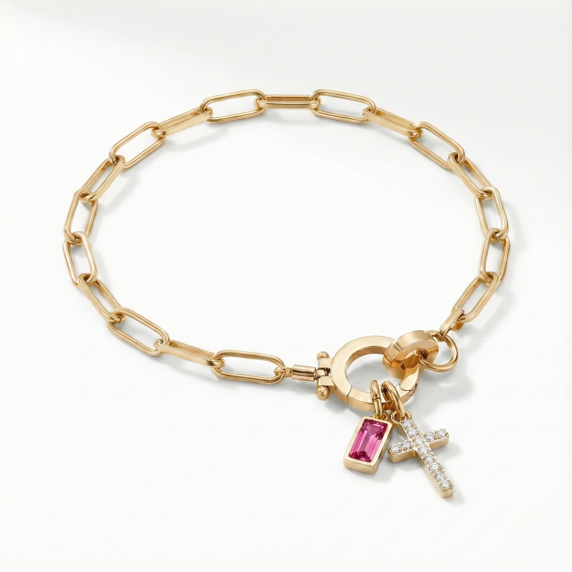Paperclip Birthstone Cross Charm Bracelet