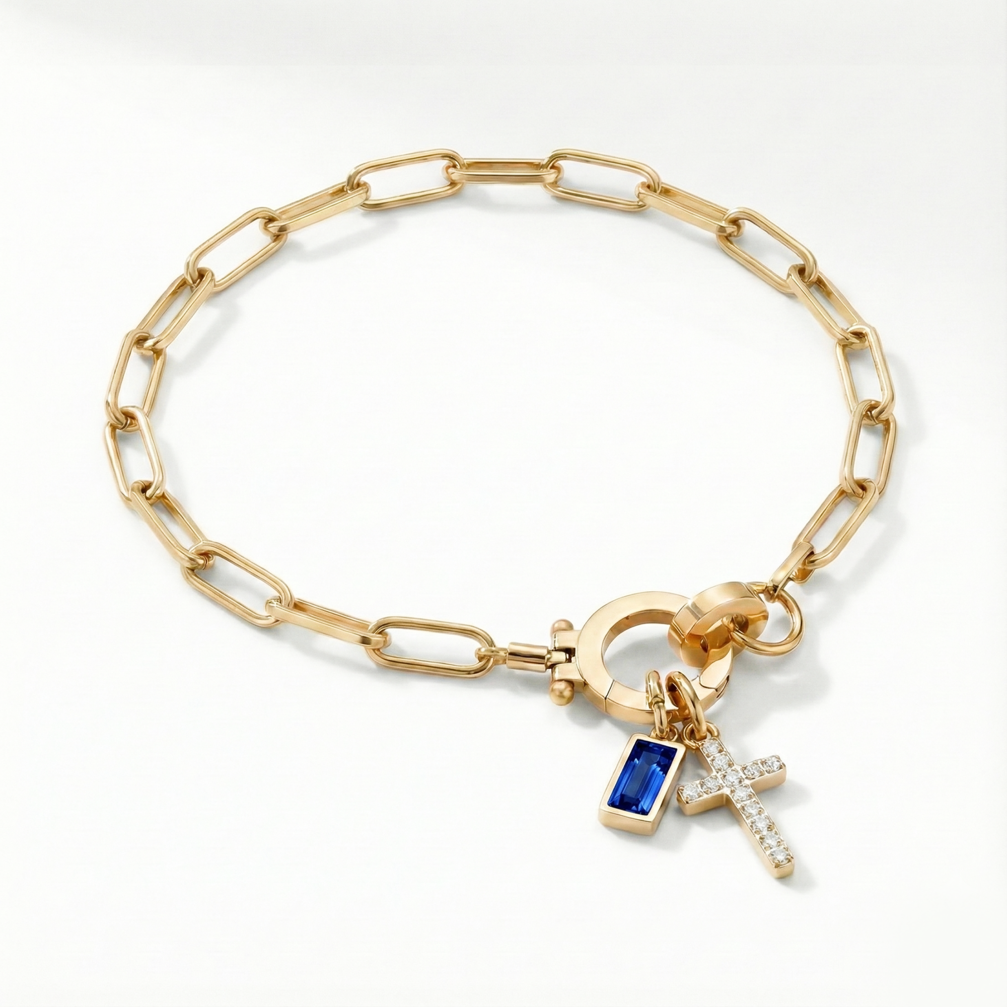 Paperclip Birthstone Cross Charm Bracelet