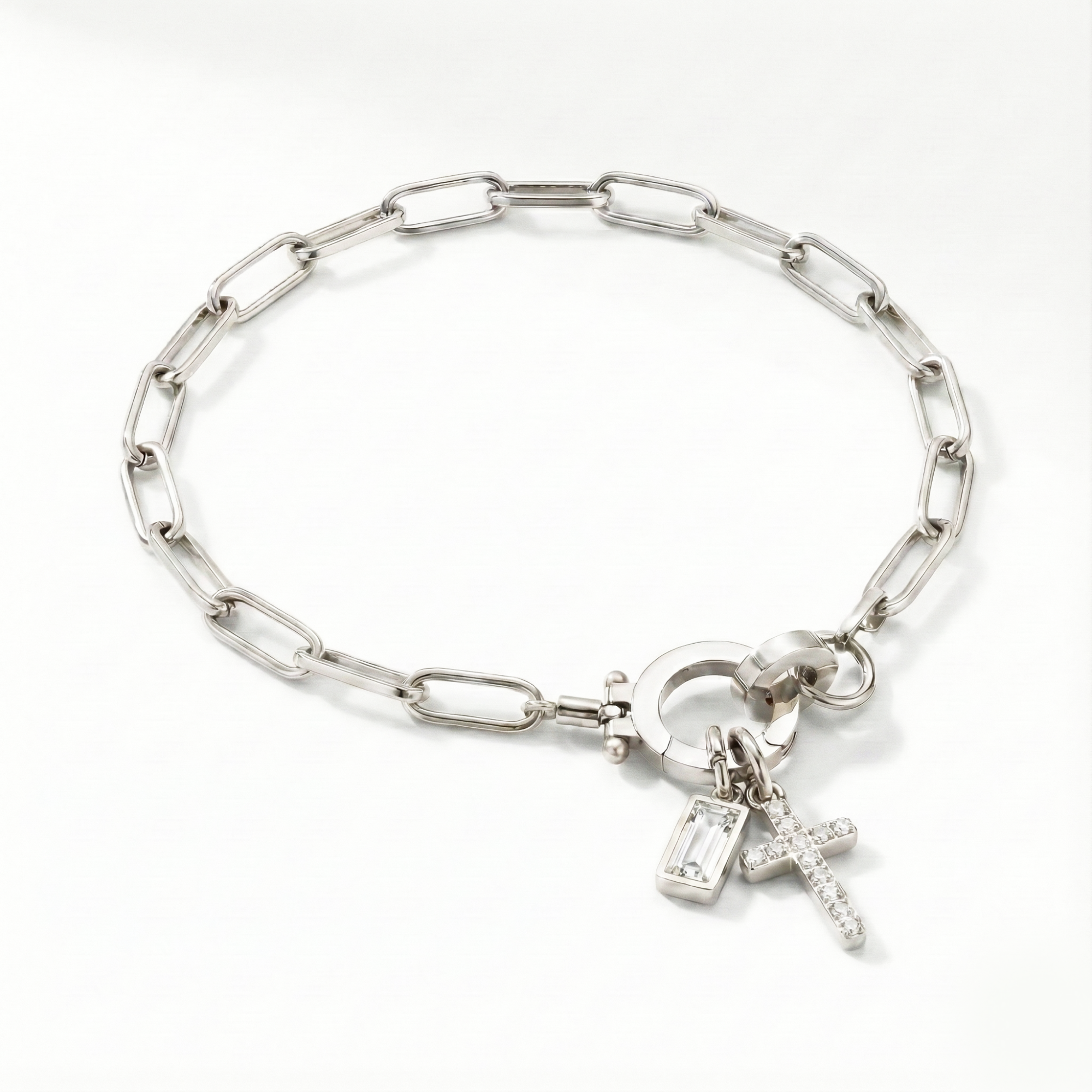 Paperclip Birthstone Cross Charm Bracelet