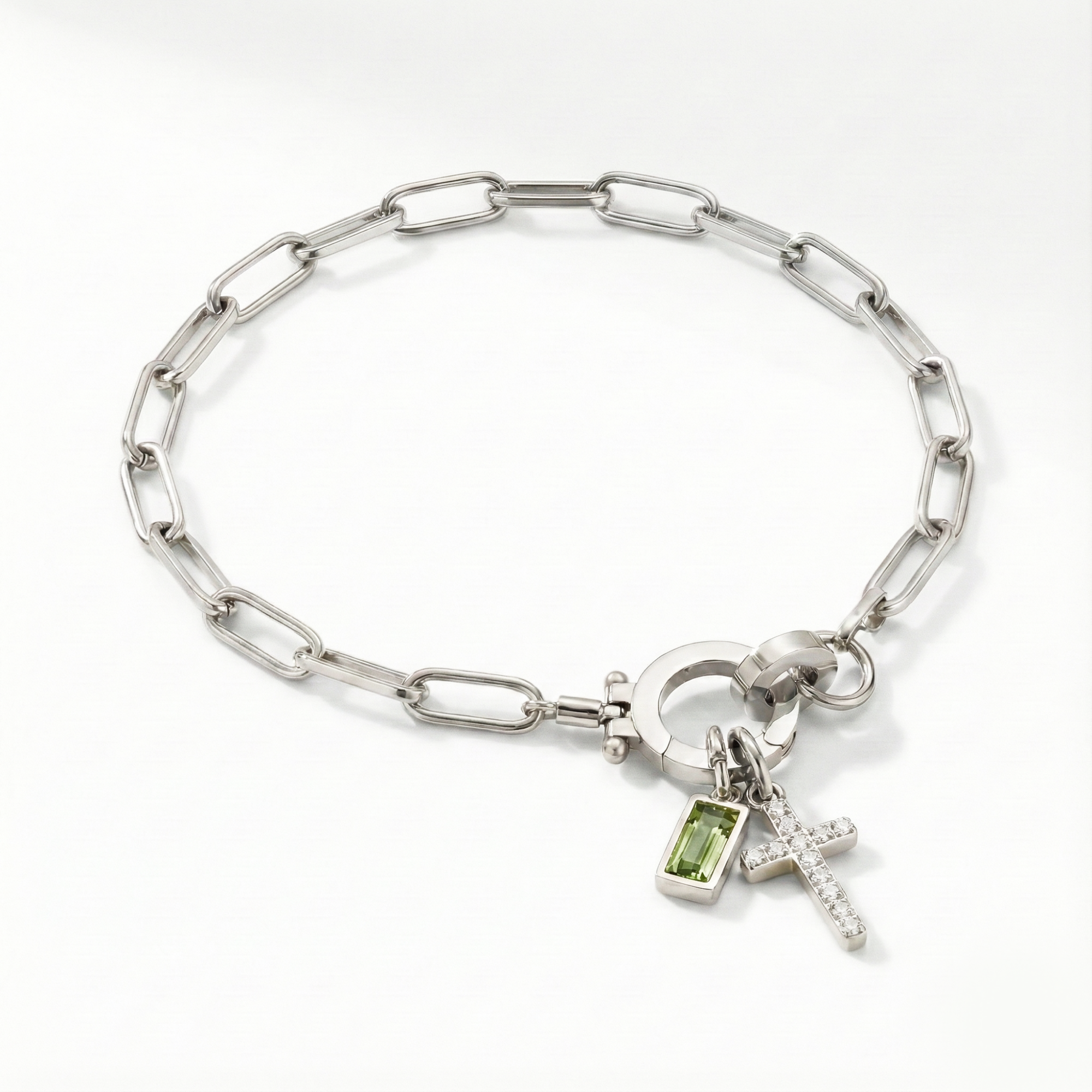 Paperclip Birthstone Cross Charm Bracelet