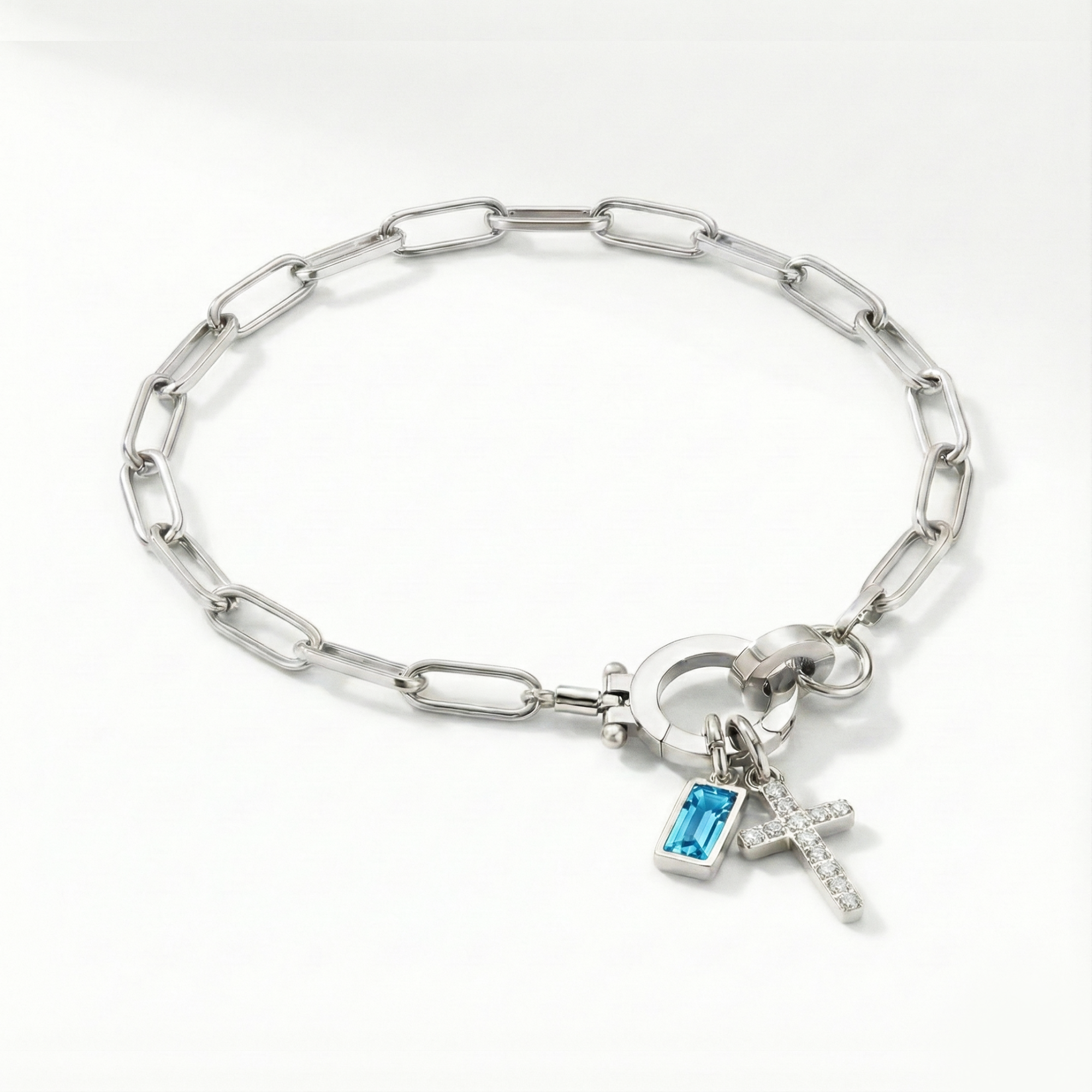 Paperclip Birthstone Cross Charm Bracelet