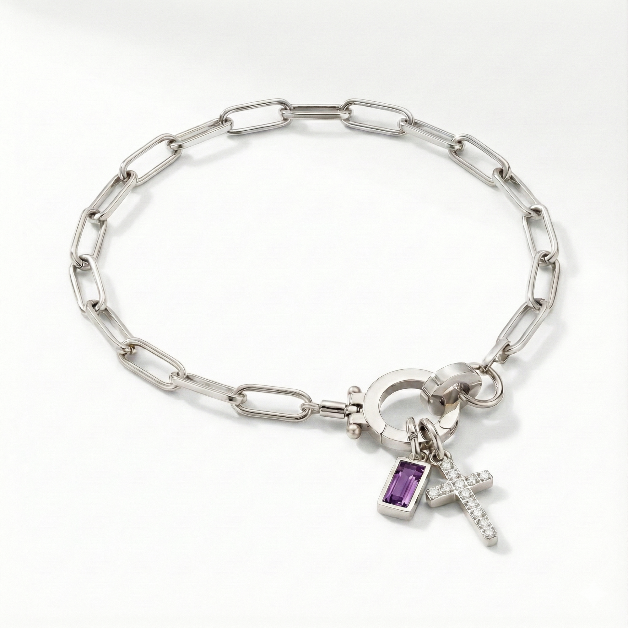 Paperclip Birthstone Cross Charm Bracelet