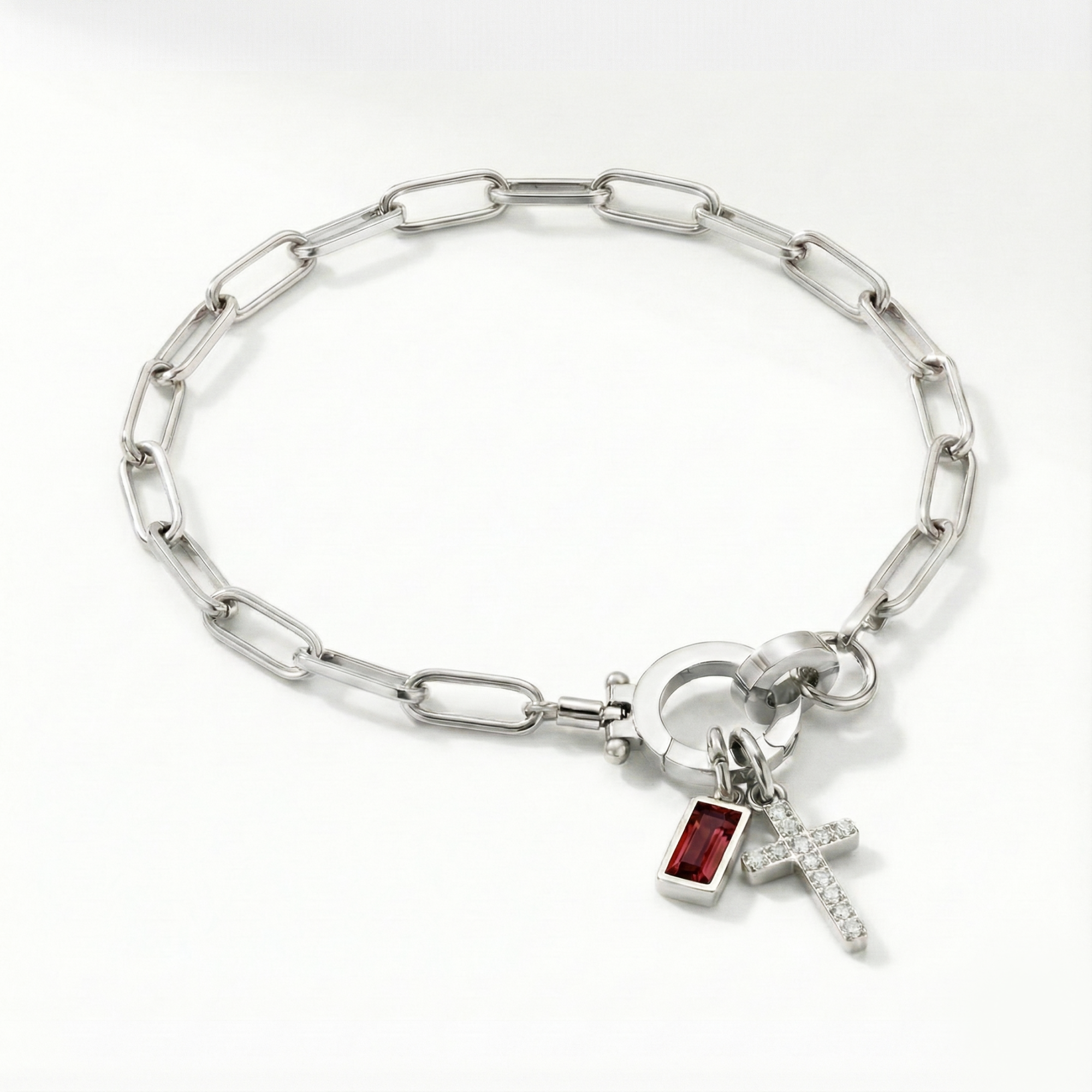 Paperclip Birthstone Cross Charm Bracelet