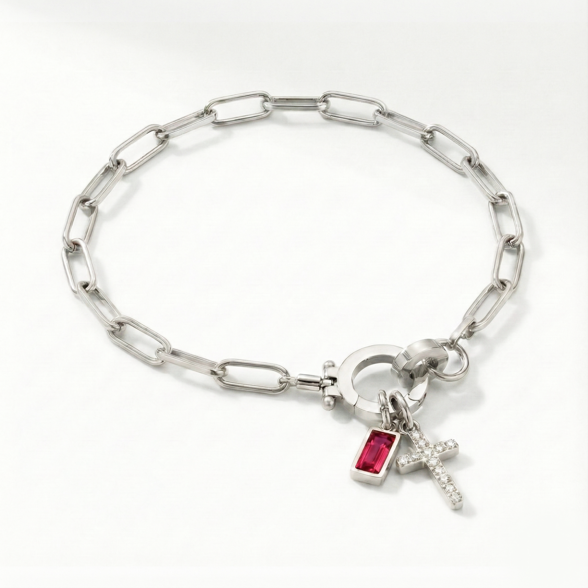 Paperclip Birthstone Cross Charm Bracelet
