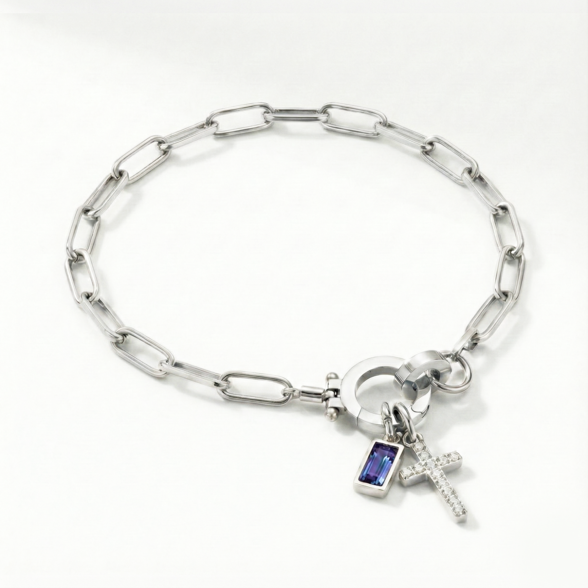 Paperclip Birthstone Cross Charm Bracelet