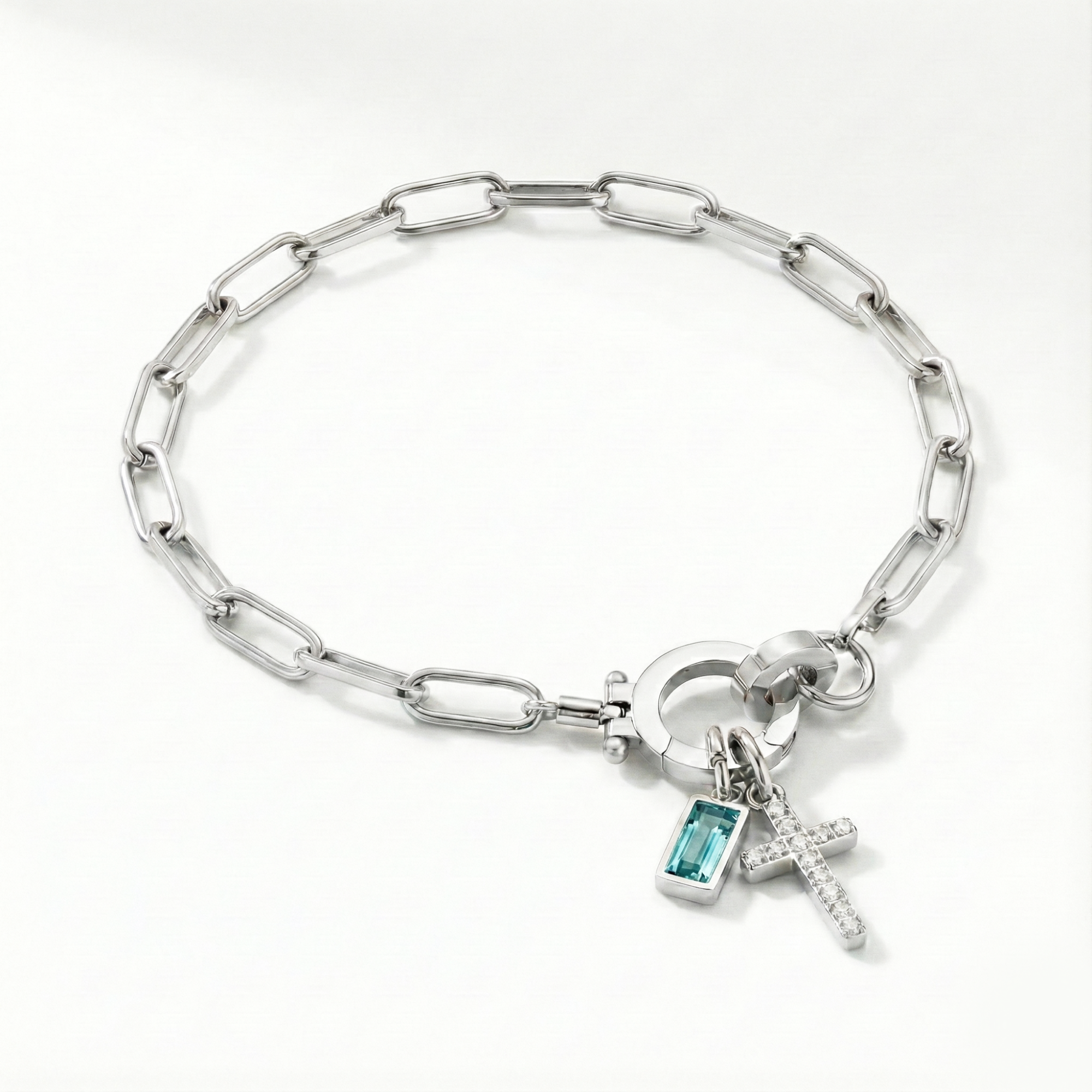 Paperclip Birthstone Cross Charm Bracelet