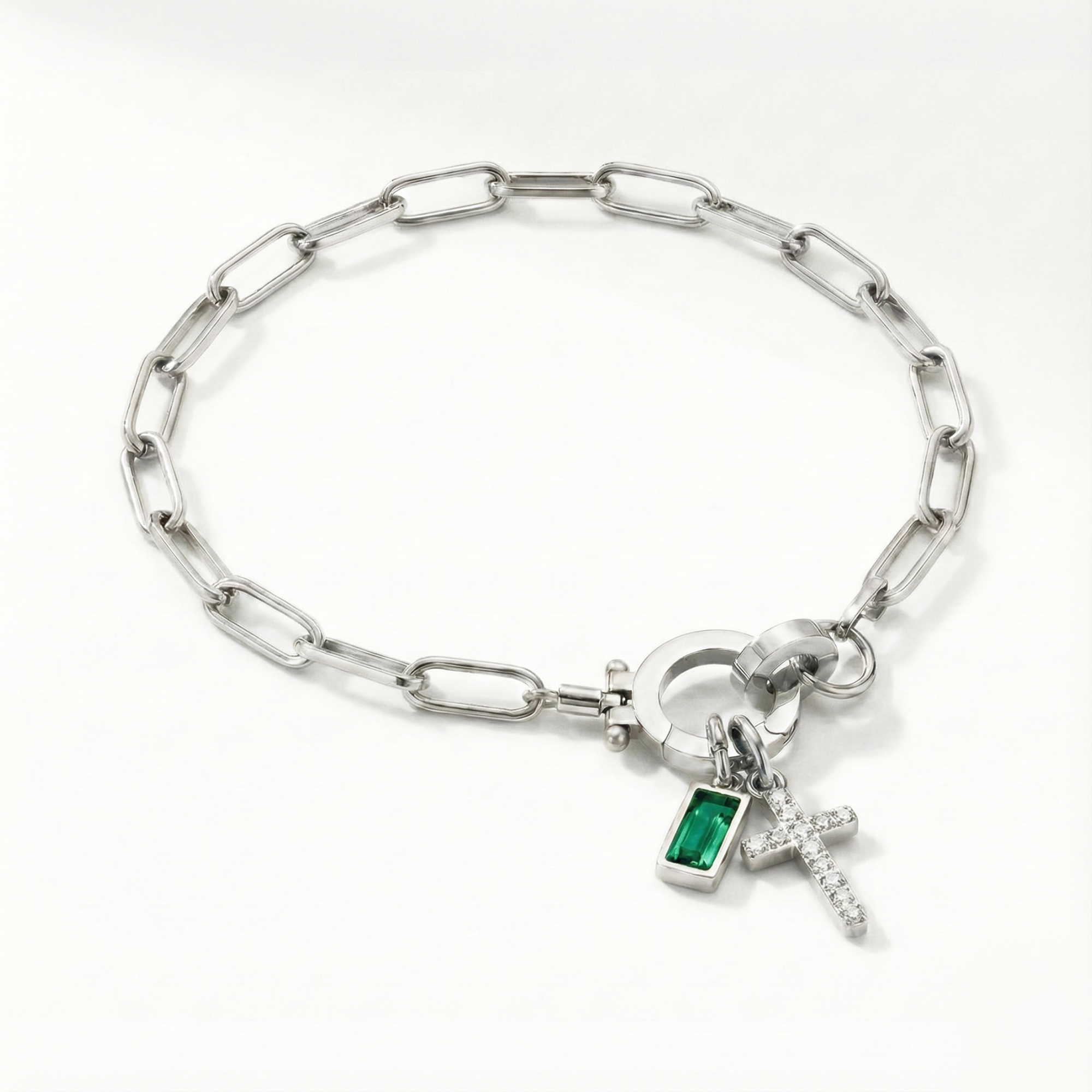 Paperclip Birthstone Cross Charm Bracelet