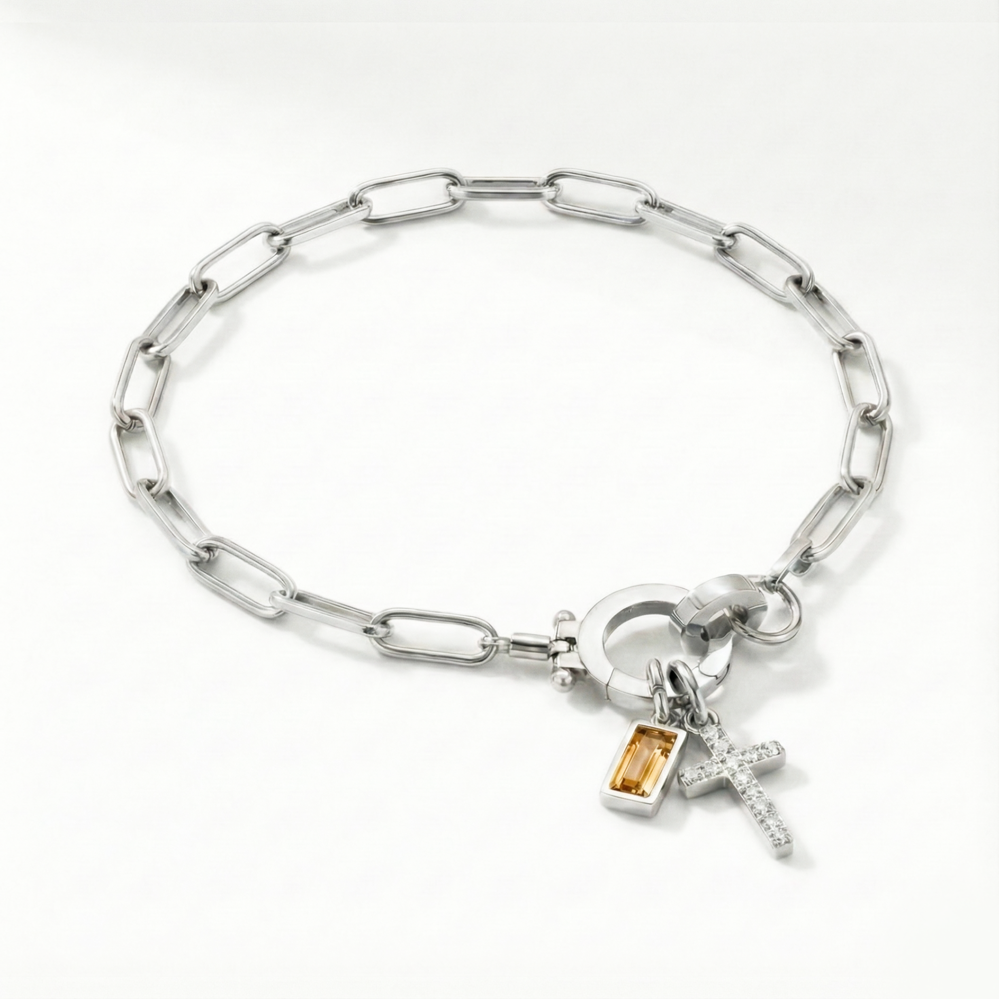 Paperclip Birthstone Cross Charm Bracelet