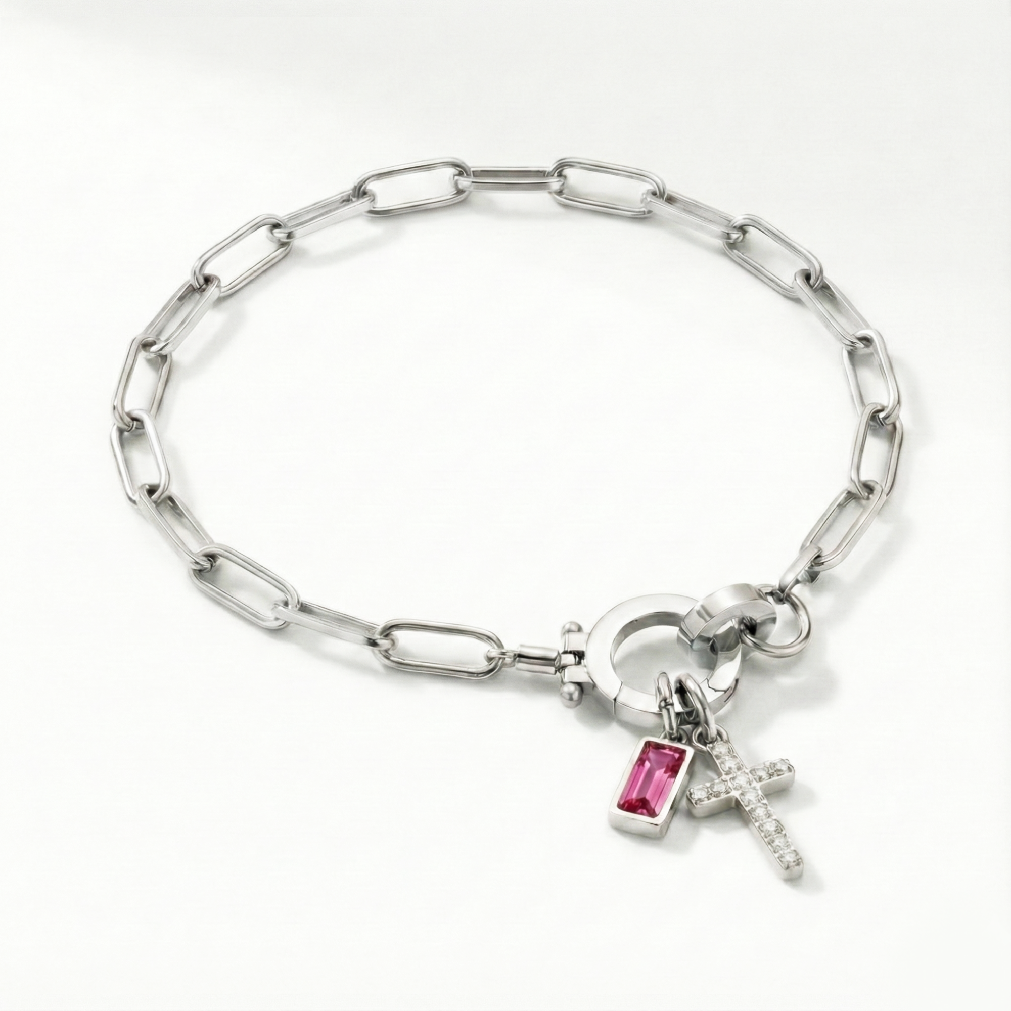 Paperclip Birthstone Cross Charm Bracelet