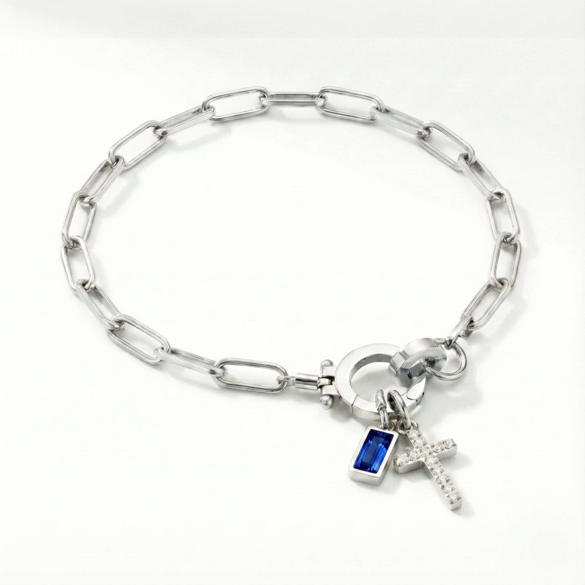 Paperclip Birthstone Cross Charm Bracelet